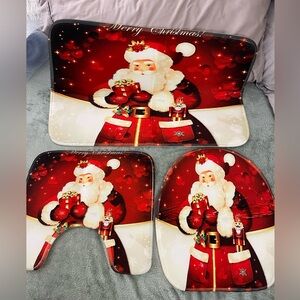 Santa Claus 3 Piece Bathroom Set: Commode Seat Cover & Floor Mat + Shower Mat.